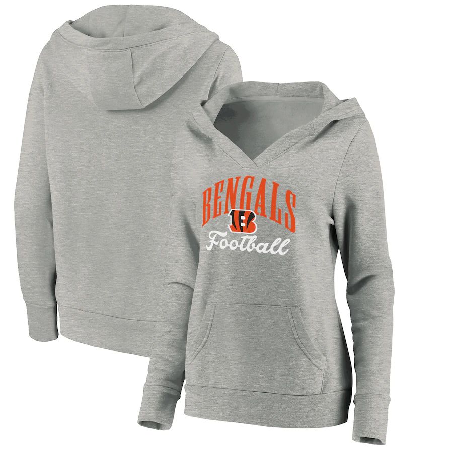 Women Cincinnati Bengals Fanatics Branded Heathered Gray Victory Script V-Neck Pullover Hoodie->women nfl jersey->Women Jersey
